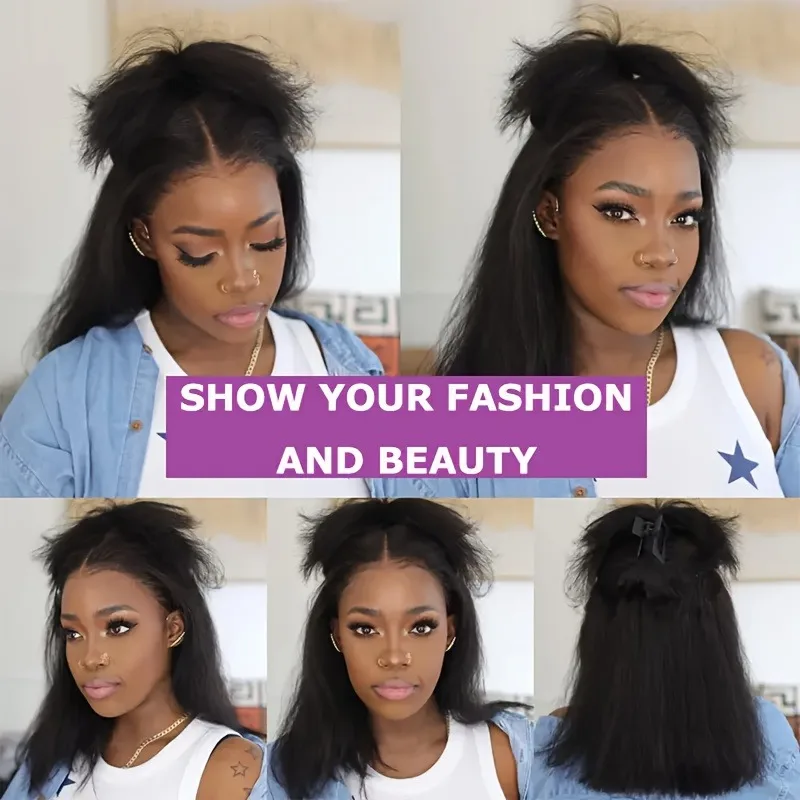 باروكة من شعر طبيعي مفرود من BOB مع شعر مستعار بدانتيل أمامي عالي الدقة 13 × 4 - خط شعر طبيعي بدون صمغ، نسيج ياكي مستقيم