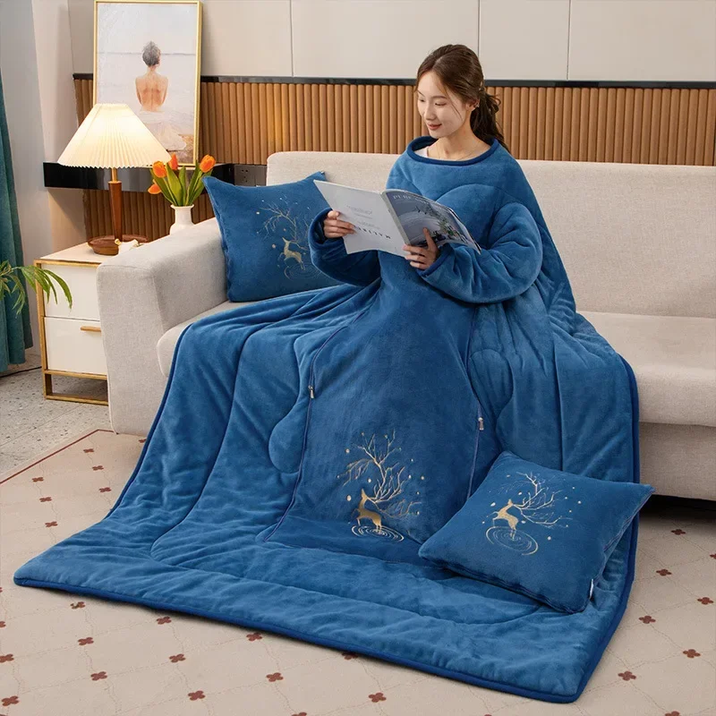 Blanket Milk Velvet Lazy Man Pillow Quilt with Sleeves for Wearing Plush Thick Anti Kick Sofa Quilt Starry Deer