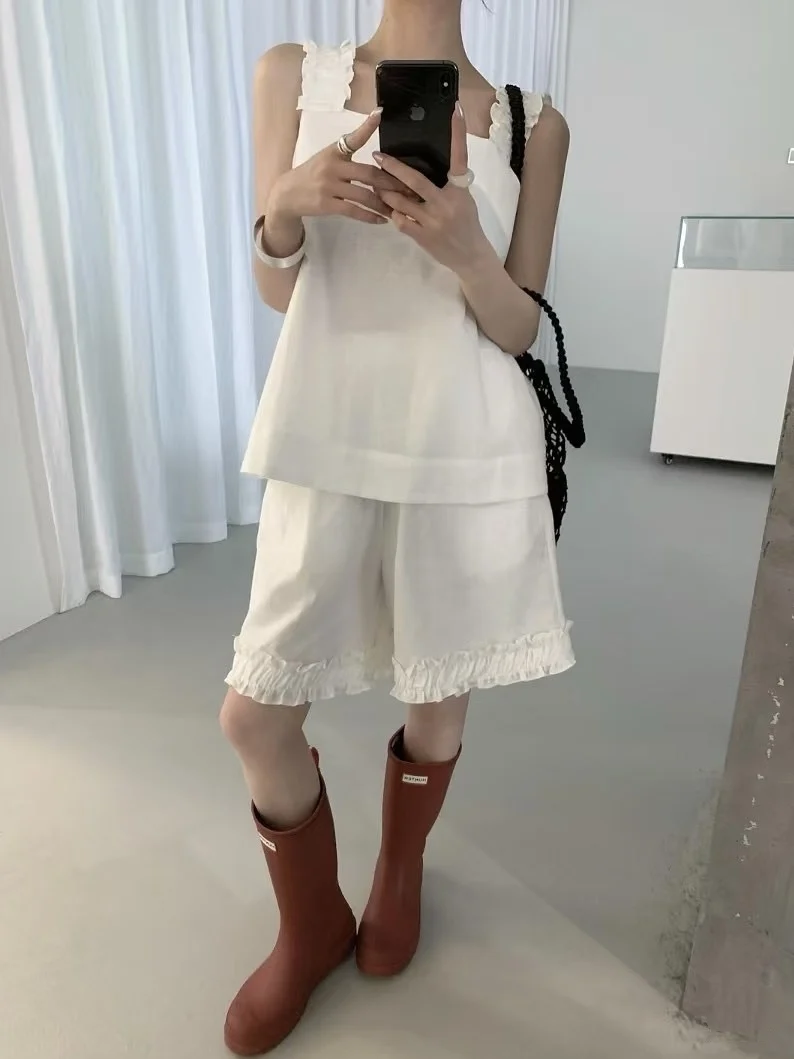

Women's Fashion Loose Slimming Casual Sleeveless Vest Top And Shorts Set Wood Grain High Waist Short Pants Autumn Spring...