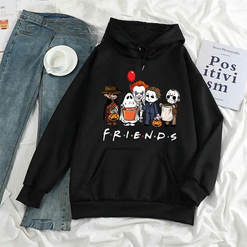 Women Fashion Halloween Print Hoodie Sweatshirts Horror Streetwear Hoodies Friends Casual Pullover Grunge Longe Sleeve