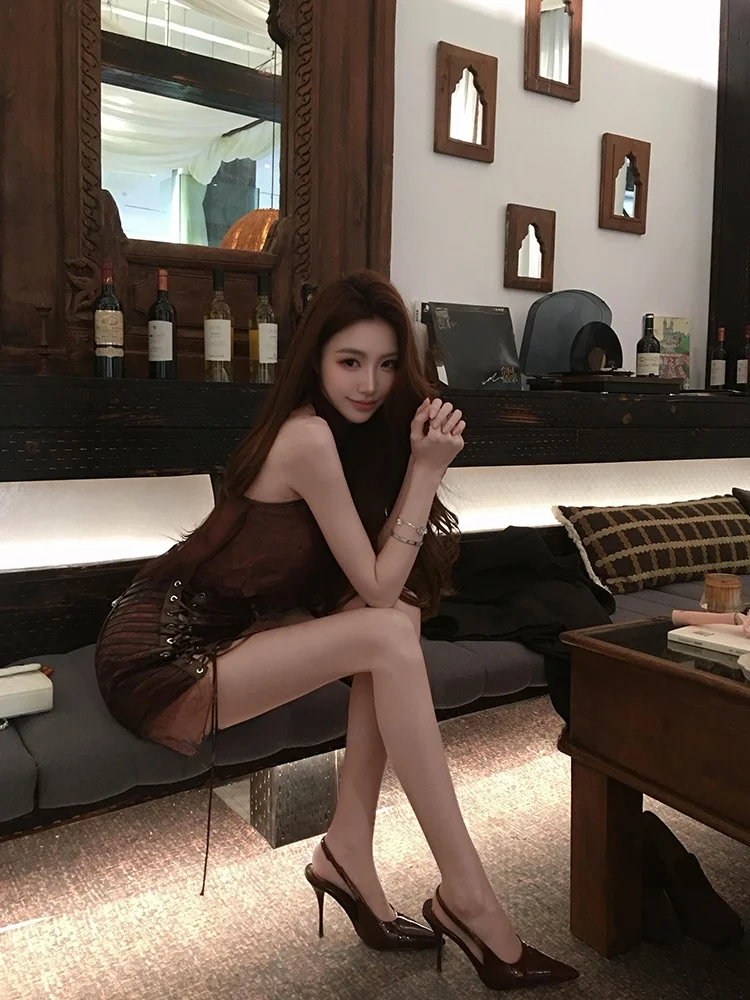 

Heavy Embroidery Lace Splice Hanging Neck Top And Halter Half Skirt Two-Piece Set Women's Fashionable Sexy Sister Style Outfit