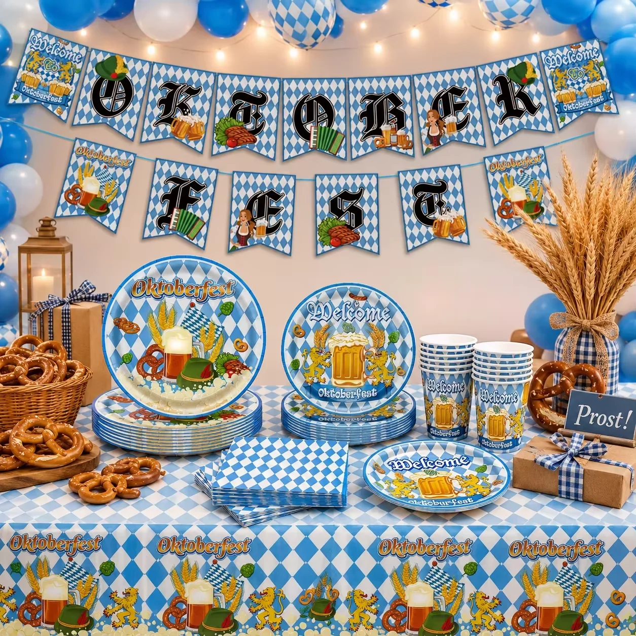 Munich Oktoberfest party decoration set, paper plates, cups, napkins, and cutlery set, perfect for German birthday