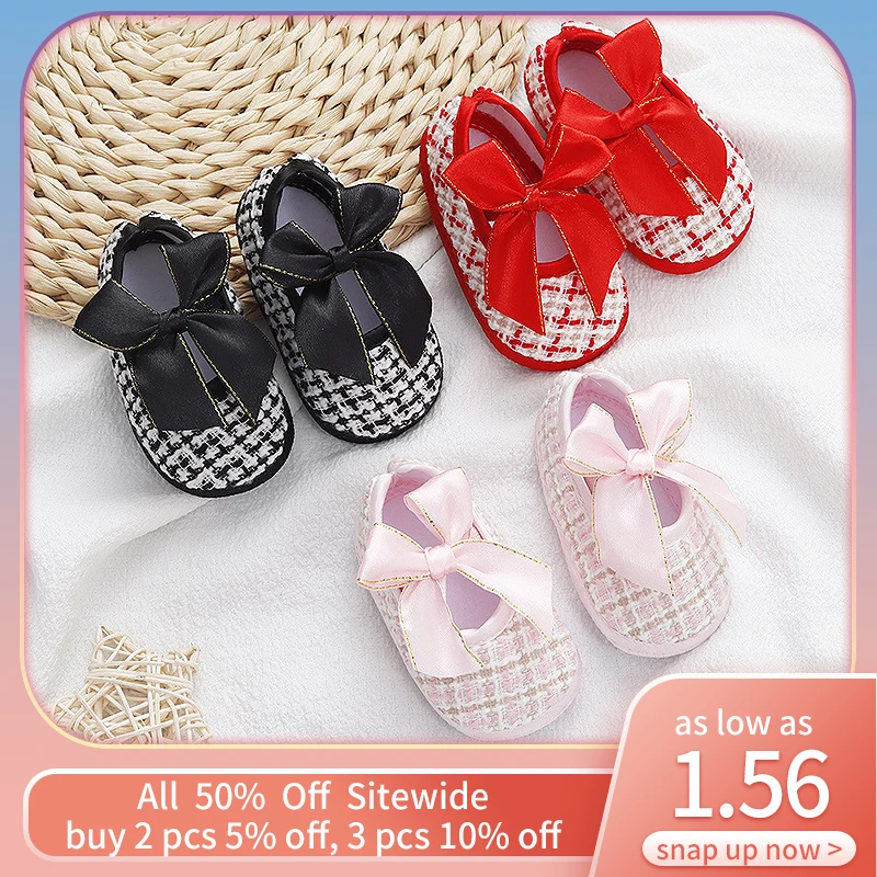 Lovely Bow Princess Baby Shoes Soft Bottom Anti-slip Infant Soled Newborn First Walkers Lattice Pattern Toddler Cotton Shoes