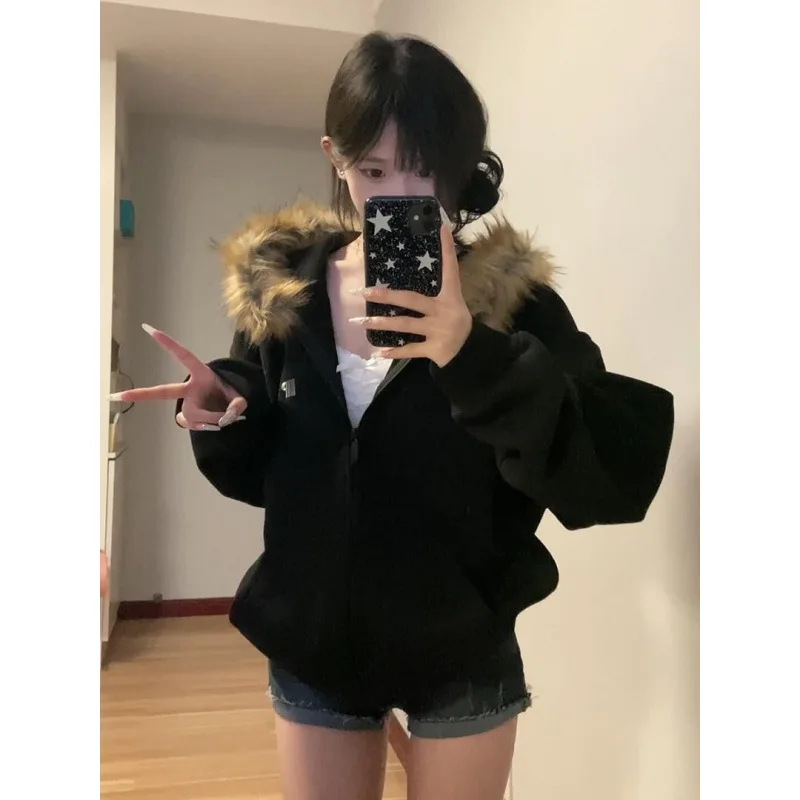 

Women Black Zip Up Hoodies Vintage Korean Preppy Style Faux Fur Coat Oversized Casual Sweatshirt Harajuku Autumn Winter