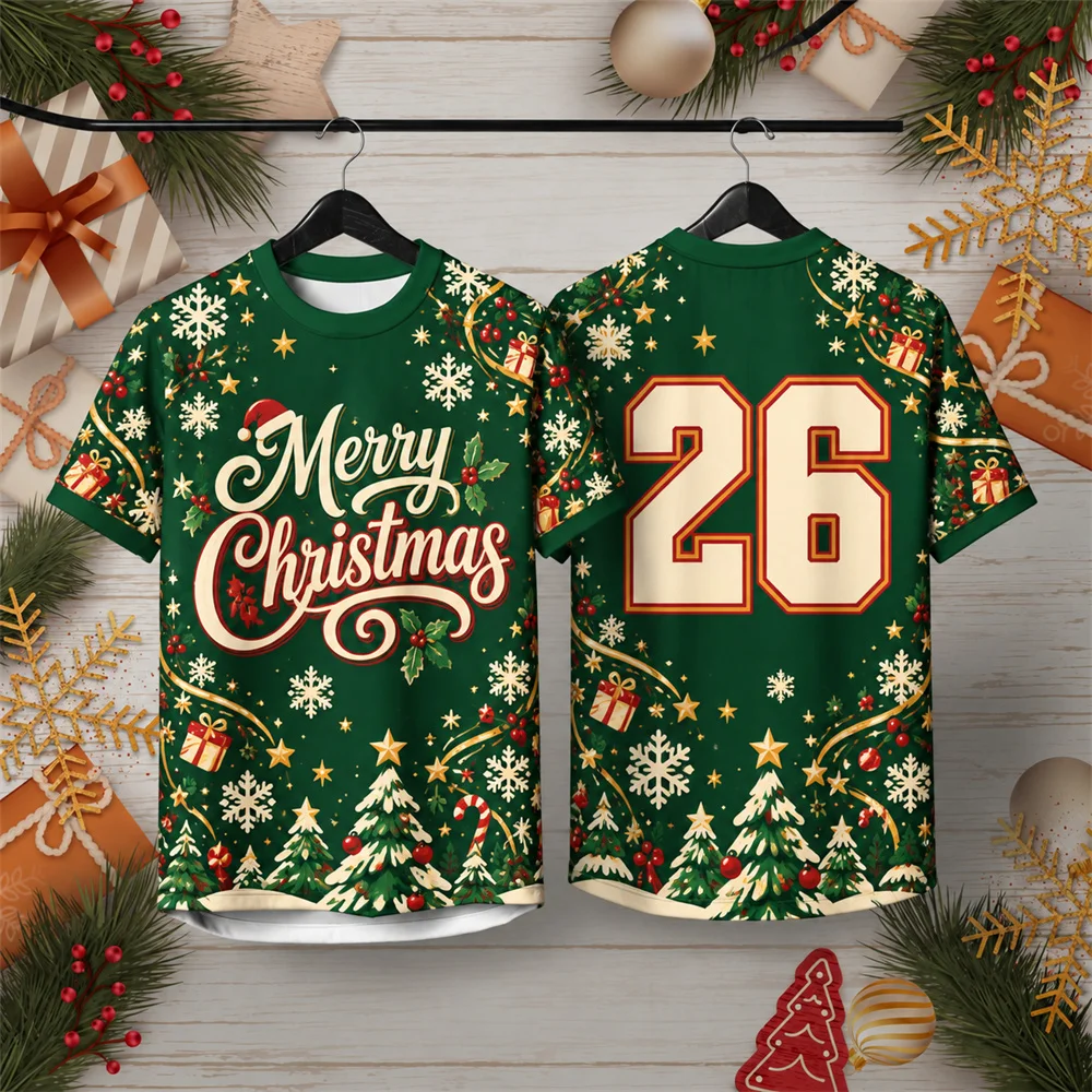 Christmas Bow Snowflake and Bauble Graphic T Shirt for Men Women and Kids Short Sleeve Festive Top with Number 26 Print on Back