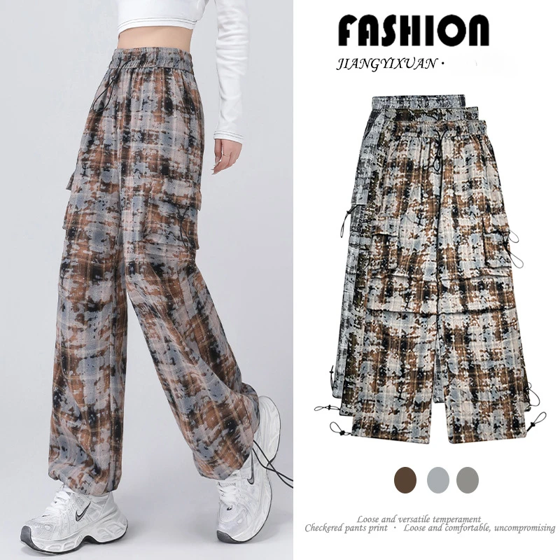 Spodnie damskie i capris inspirowane stylem vintage w kratkę z nadrukiem Tie-Dye z wysoką talią i wąską sylwetką