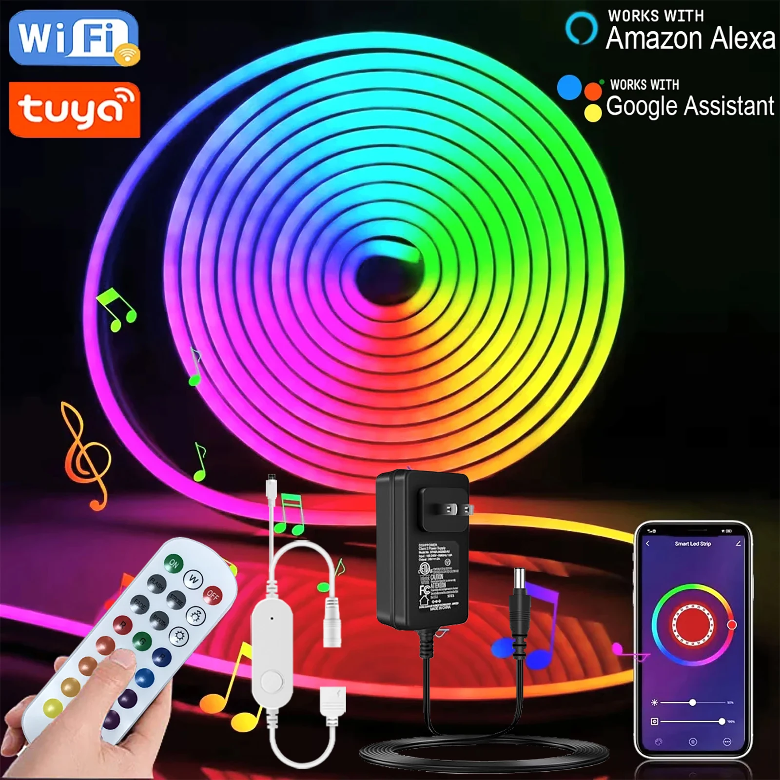 30M LED Neon Light Strip Smart Tuya Intelligent APP Control 24V 2A 6X15mm RGB Silicone IP65 Wodoodporna listwa oświetleniowa