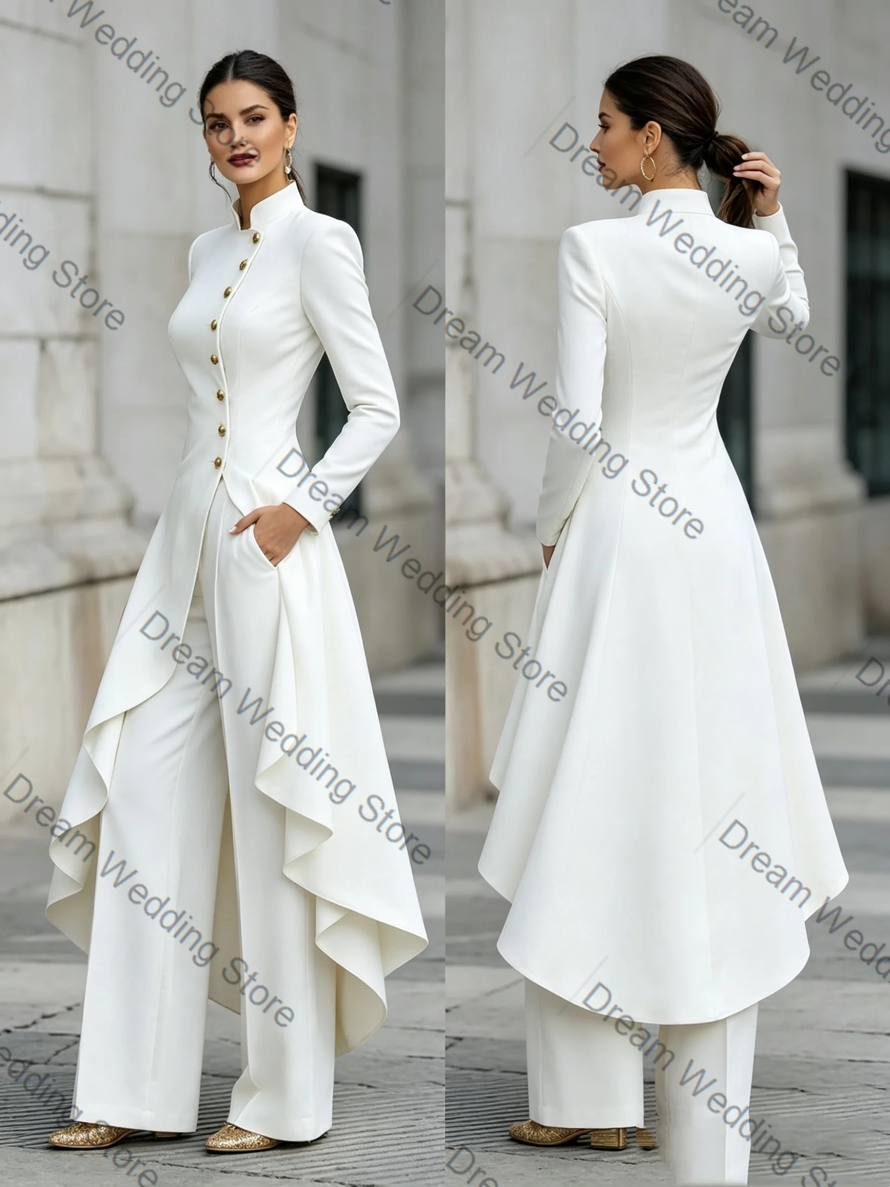 White Women Suit Skirt 2 Pcs Long Blazer Pants Luxury Cotton Formal Office Lady Jacket Customized Wedding Guest Coat