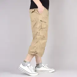 Summer Men's Casual Cotton Cargo Shorts Overalls Long Length Multi Pocket Hot breeches Military Pants Male Cropped Pants