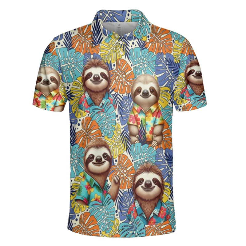 Cute Sloth 3D Printed Polo Shirt For Men Children Cartoon Animal Pattern Short Sleeves Lapel Tees Casual Street Button Shirts image 5