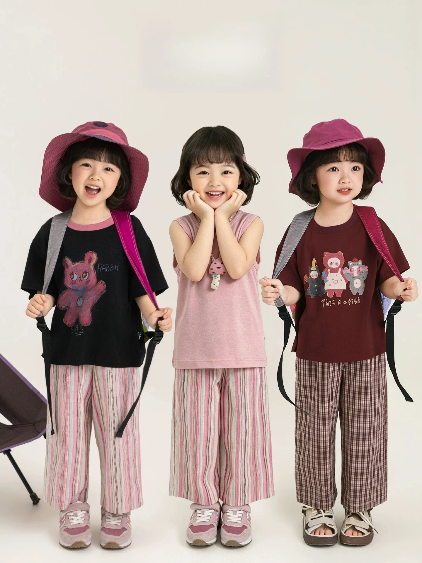 2026 Summer Girls Casual Pants Retro Stripe Loose Straight Long Trousers Cotton Breathable Kids Pants