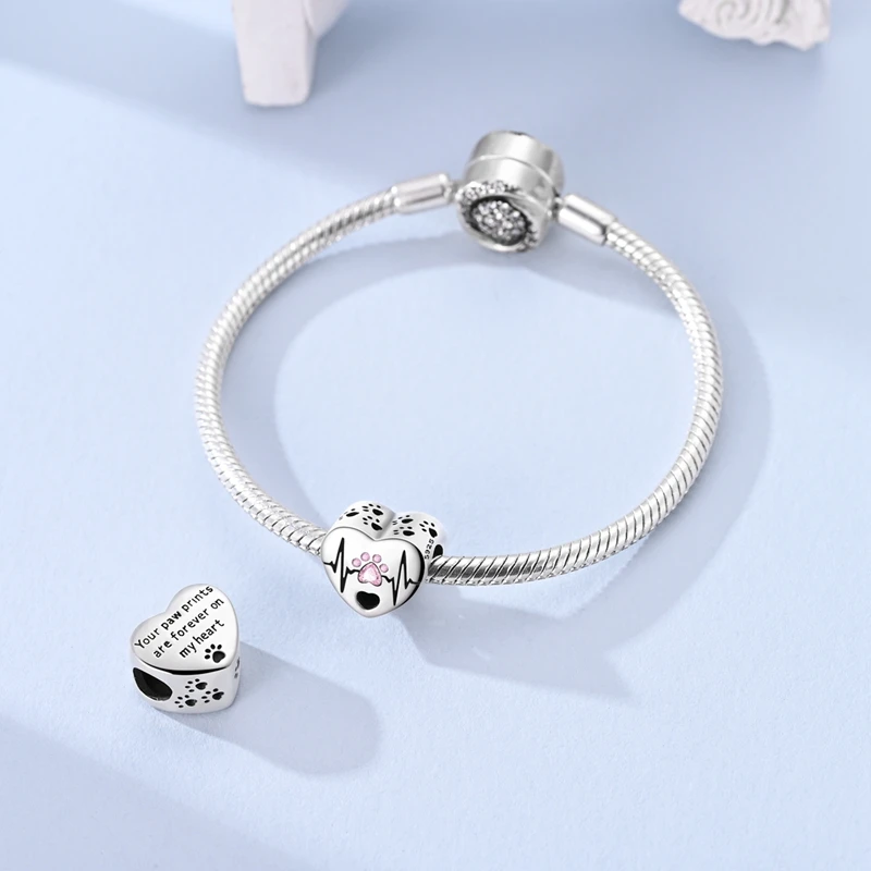 925 Sterling Silver Heartbeat Paw Print Charms Bead Sparkling CZ Zircon Dangle Fit Original Bracelet DIY Jewelry