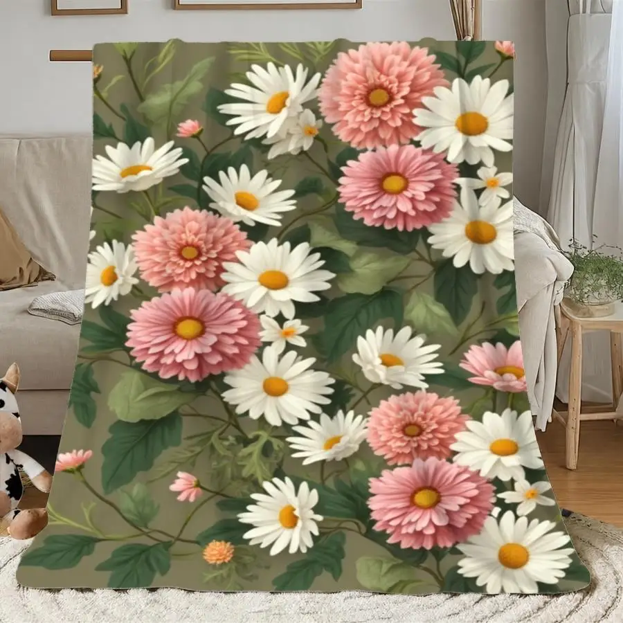 1pc Warm Premium Flannel Blanket with Vintage Botanical Floral Print, Soft Pink Zinnias And White Daisies on Olive Green, Cozy Decorative Throw for All Seasons Perfect As Home Decoration & Holiday Gift Choice