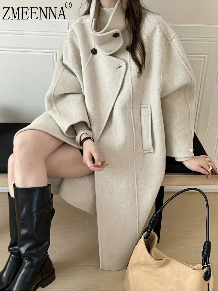 

ZMEENNA Women's Elegant Wool Blend Winter Coat Chic Stand Collar Oversized Long Jacket Warm Outerwear Beige Cardigan ZM3741