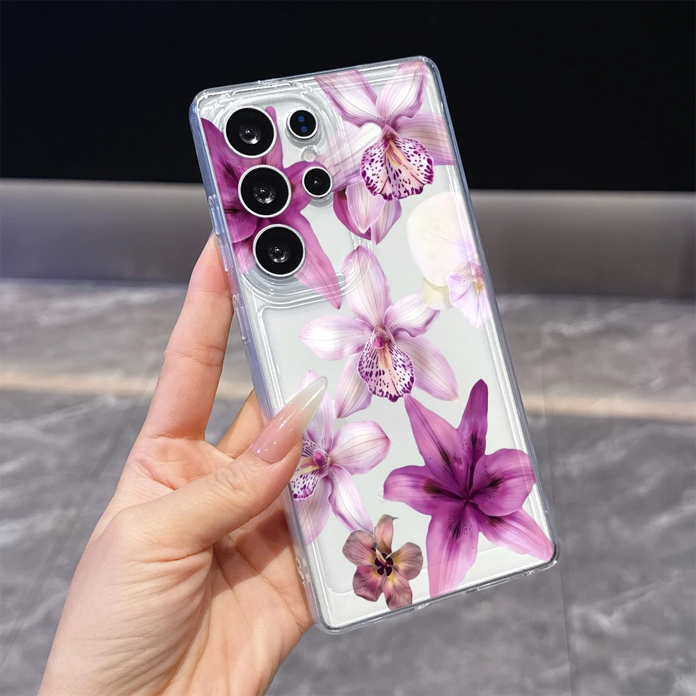Lila Orchidee Lilie Klare Weiche TPU-Rückabdeckung für Samsung Galaxy S26 S25 S24 FE A15 A55 A57 Stoßfeste Handyhülle