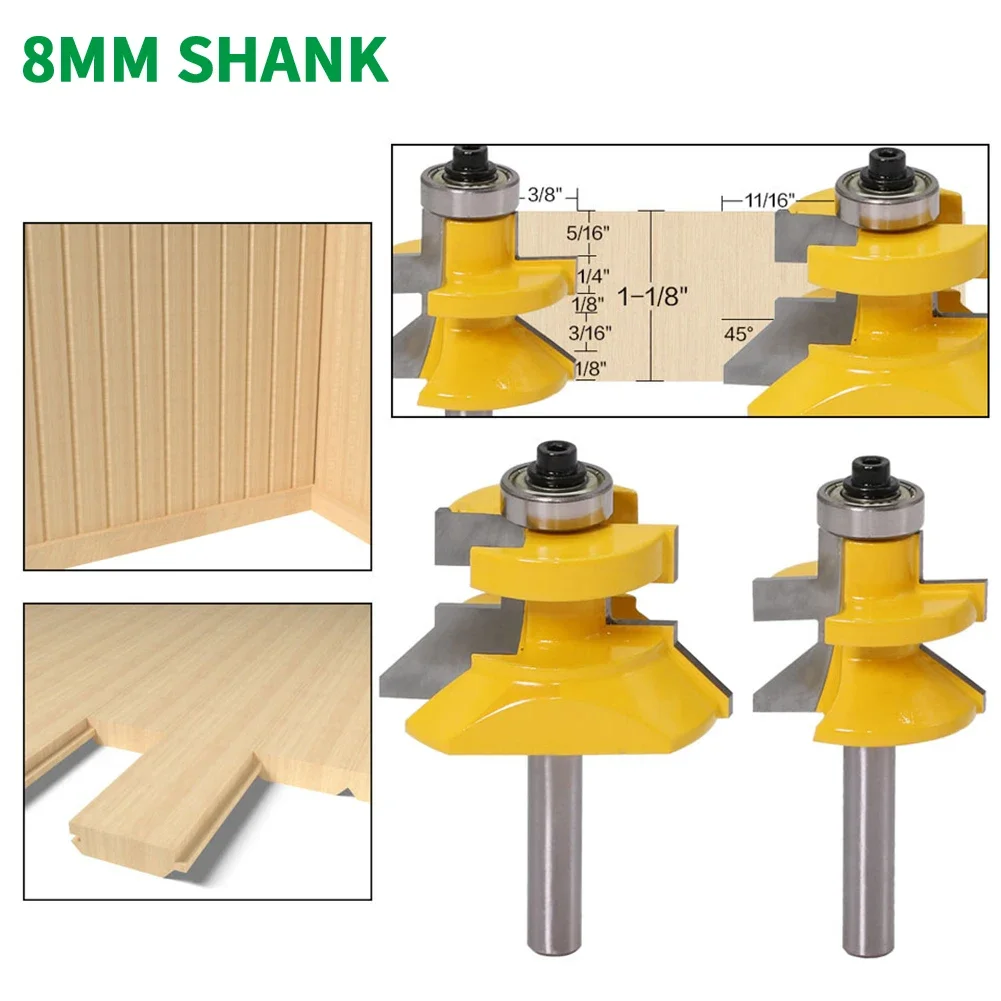 2 unids/set 8MM vástago fresa tallado en madera ranura en V y juego de brocas enrutadoras de lengua combinadas con rodamientos de bolas Premium carpintería
