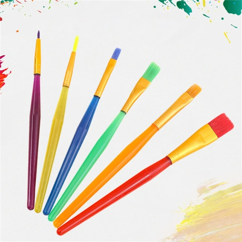 6Pcs Candy Color Paint Brush Fine/Flat Tip, Plastic Paint Brush Children Paintbrush for Acrylic Watercolor Painting