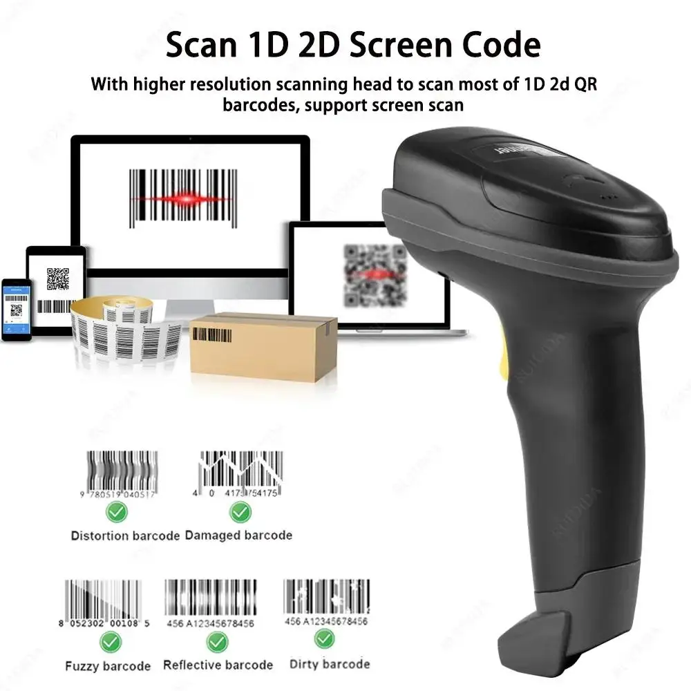 1d 2d Wireless Barcode Scanner with Charging Base Qr Code Handheld Barcode Reader Wireless or Bluetooth Bar Scanner