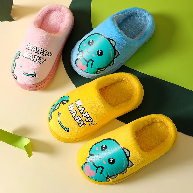 Winter Children Slippers New Kids Slippers Dinosaur Warm Plush Indoor Autumn Non-Slip Soft Plush Slipper Boys Girls Home Shoes