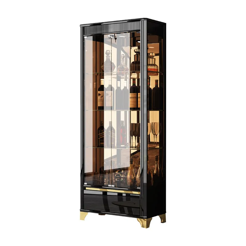 Living room wall glass wine cabinet black paint red wine cabinet with lock glass door display cabinet figure storage