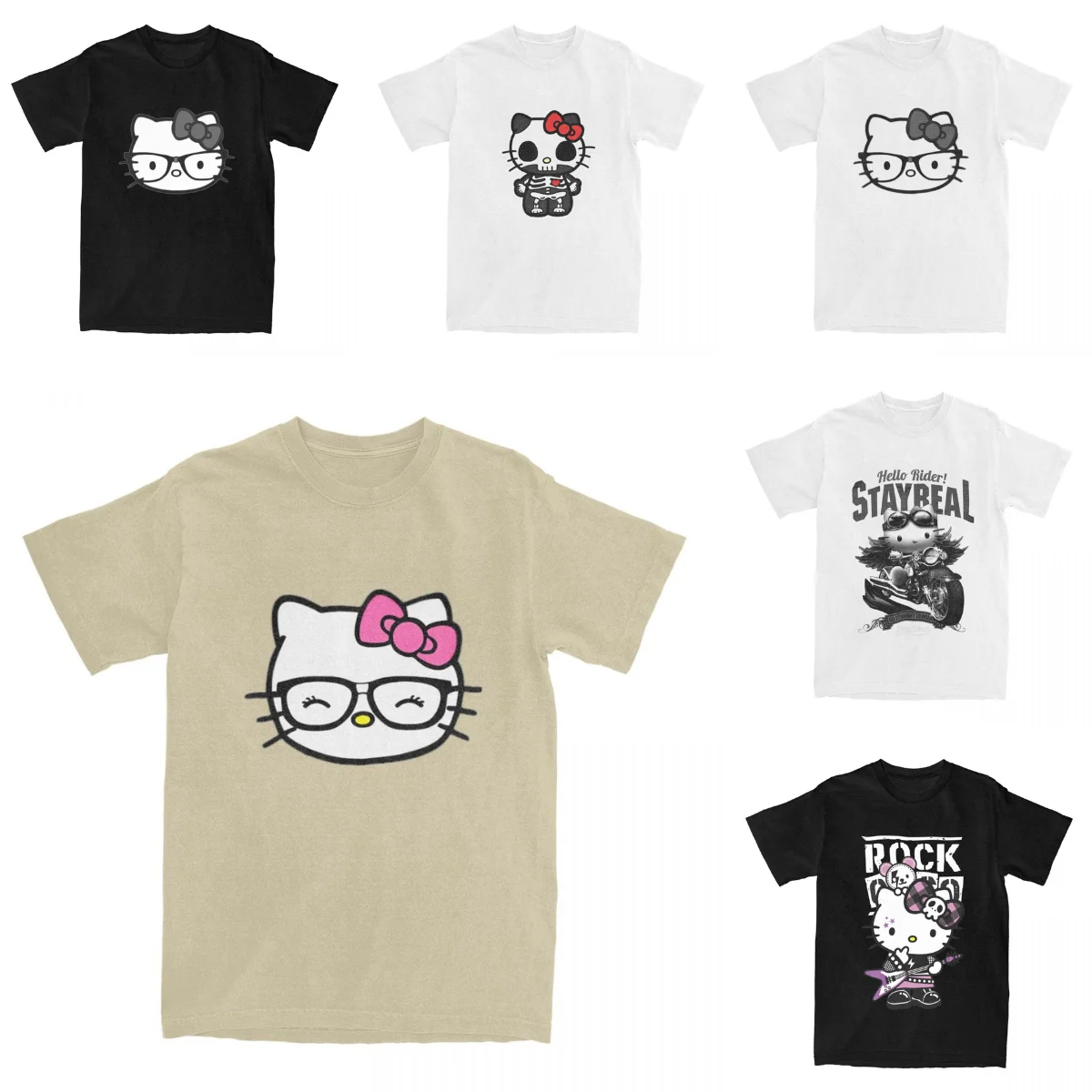 Men Hello Kitty Head Glasses T-Shirts Cotton Tops Basic Short-Sleeve T Shirt O Neck Hip Hop Casual Tee Shirt Plus Size 5XL 6XL