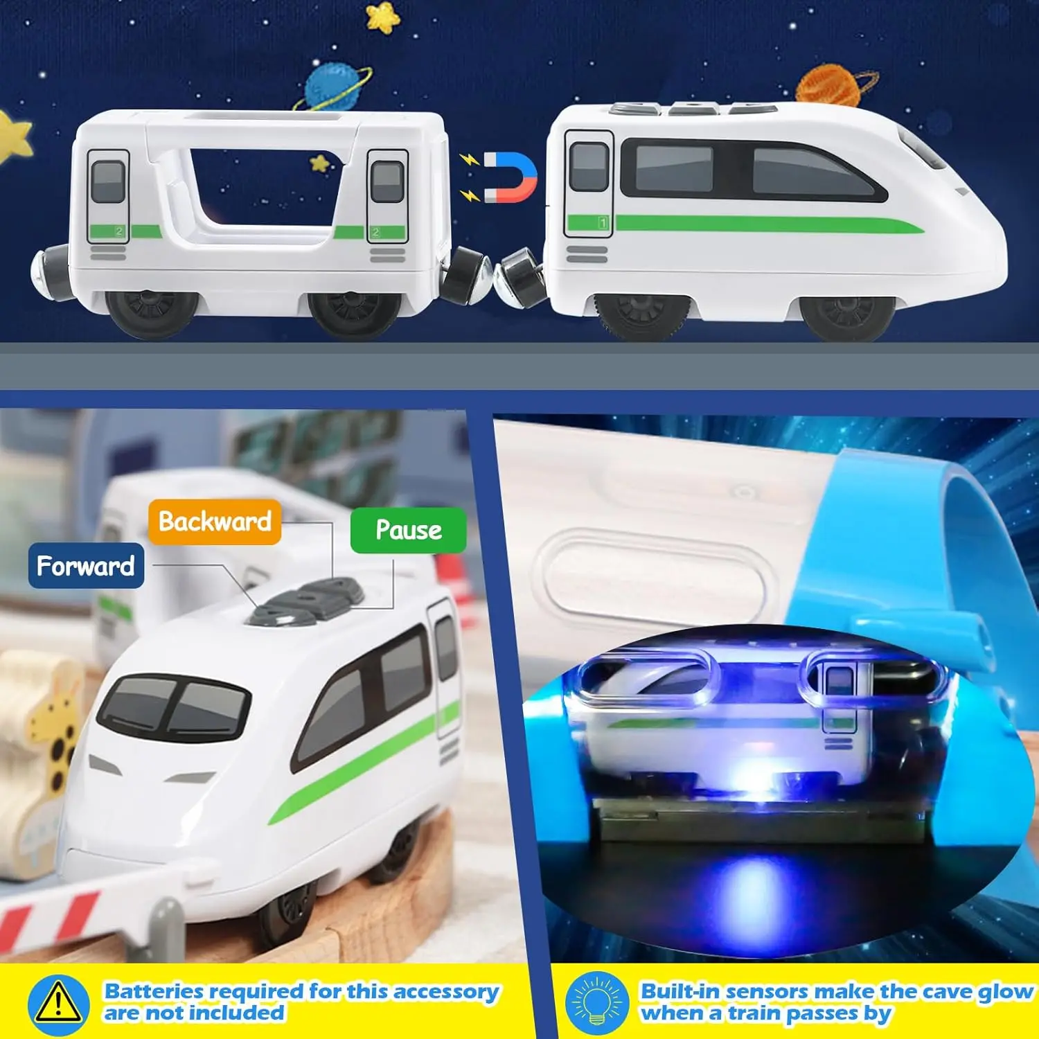 Ensemble de train en bois pour tout-petits, train magnétique avec rail pour enfants de 3 à 6 ans, compatible avec les grandes marques, chemin de fer spatial, 82 pièces