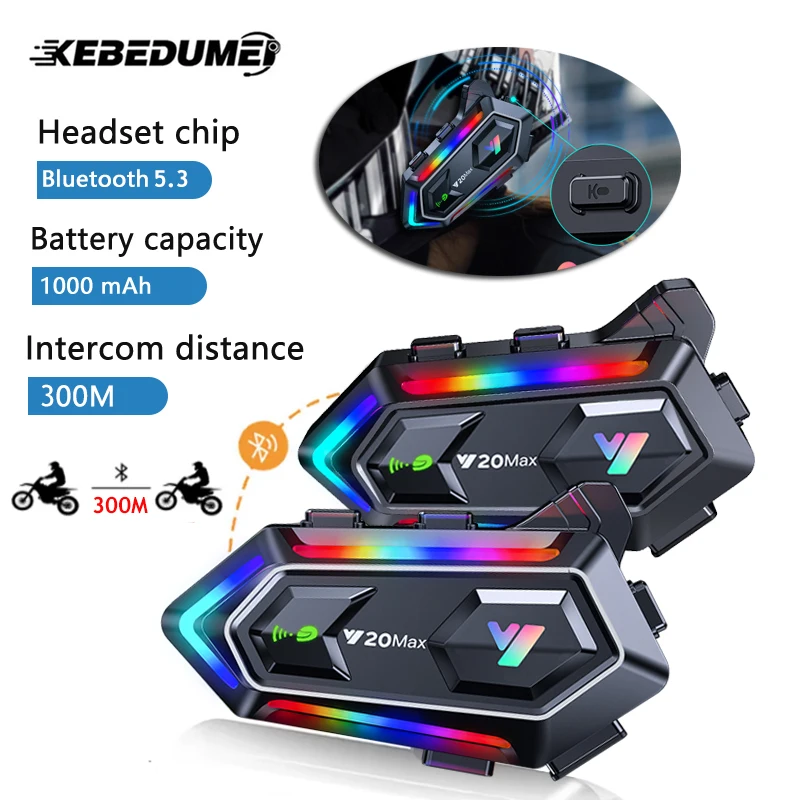 Intercomunicador para casco de motocicleta Y20 MAX V5.3, Kit de llamadas manos libres, 1000mAh, Intercomunicador para 2 conductores, Interfono para Moto, reproductor de música