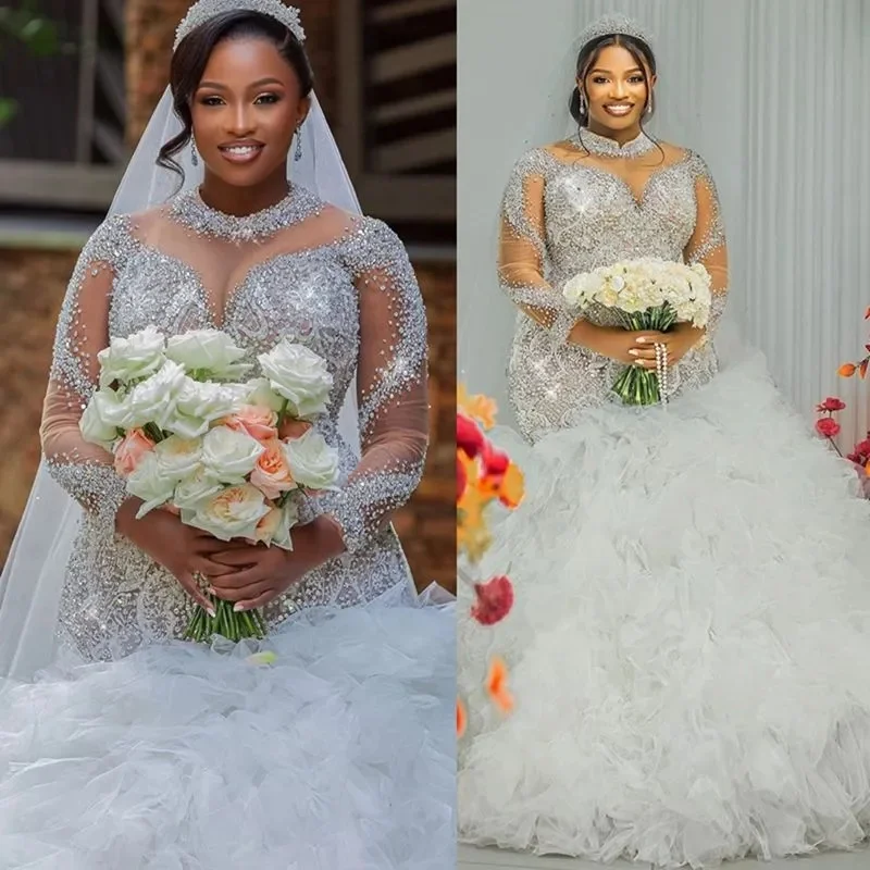 Abito da sposa a sirena taglie forti personalizzato Abiti da sposa per la sposa Sheer Illusion maniche lunghe con applicazioni di perline e pizzo