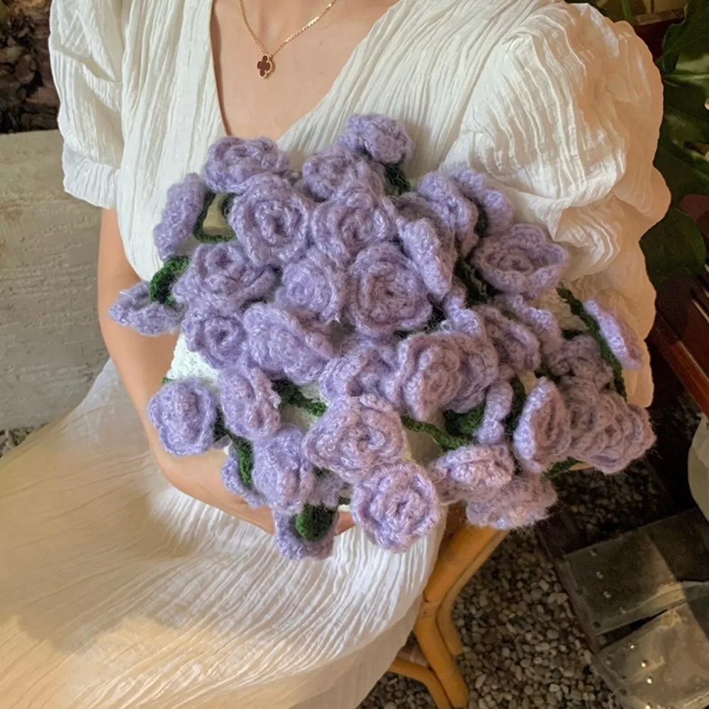 Fake Flower Crochet Rose Bouquet Blanket Finished Fashion Rose Nap Blanket Soft Knitted Flower Blanket Valentine's Day