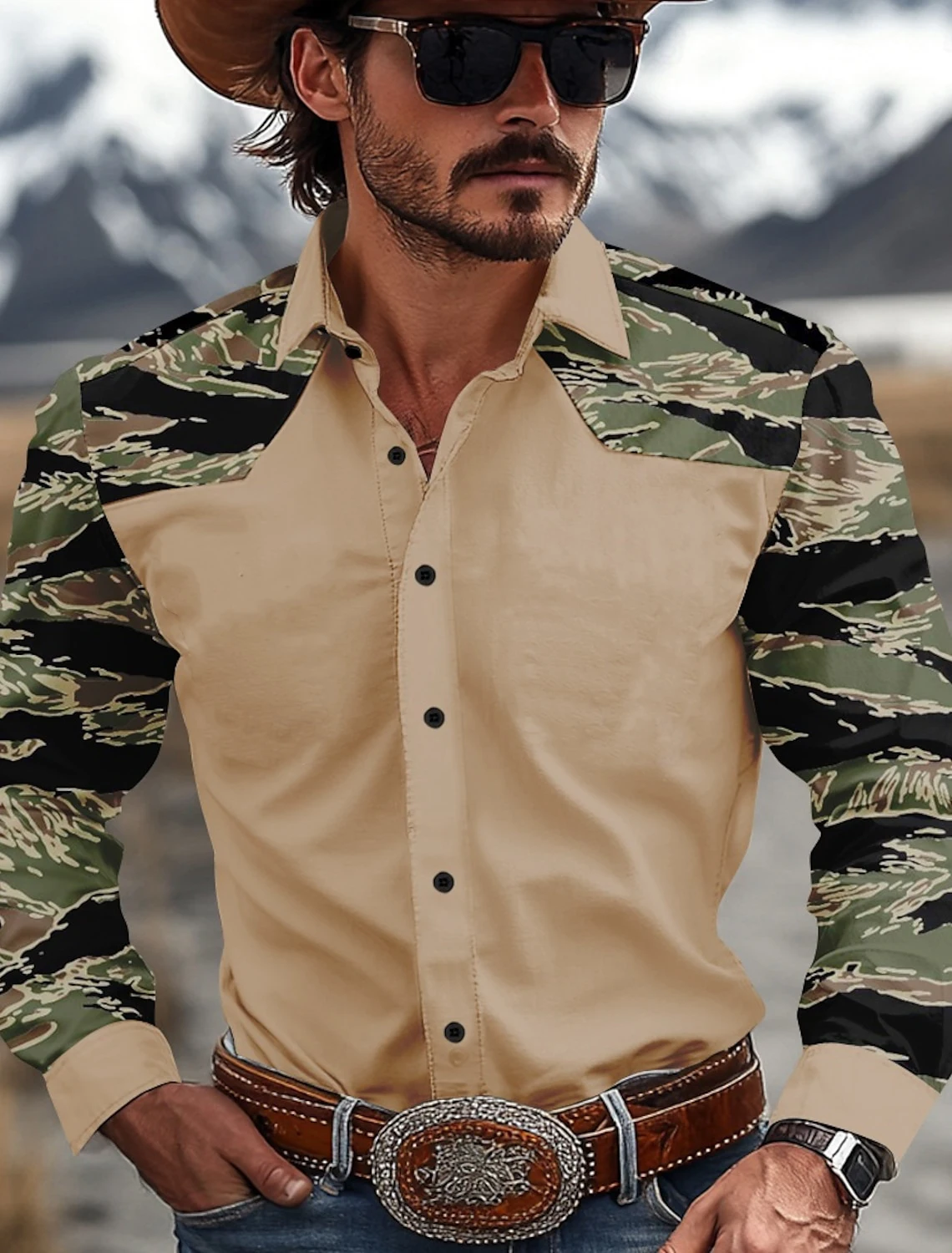 Men\'s Camouflage Western Shirt Denim Shirt Long Sleeve Western Casual Outdoor Spring and Autumn Lapel Black Brown Green Khaki