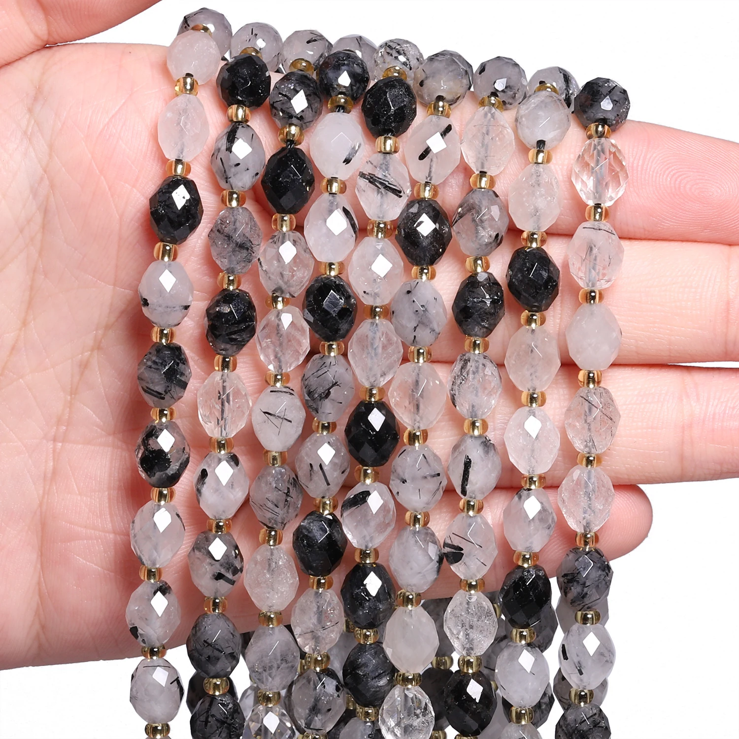 8x6mm Faceted Oval Black Rutilated Quartz Beads Natural Stone Rice Shape Spacer Beads For Jewelry Making Supplies DIY Bracelets