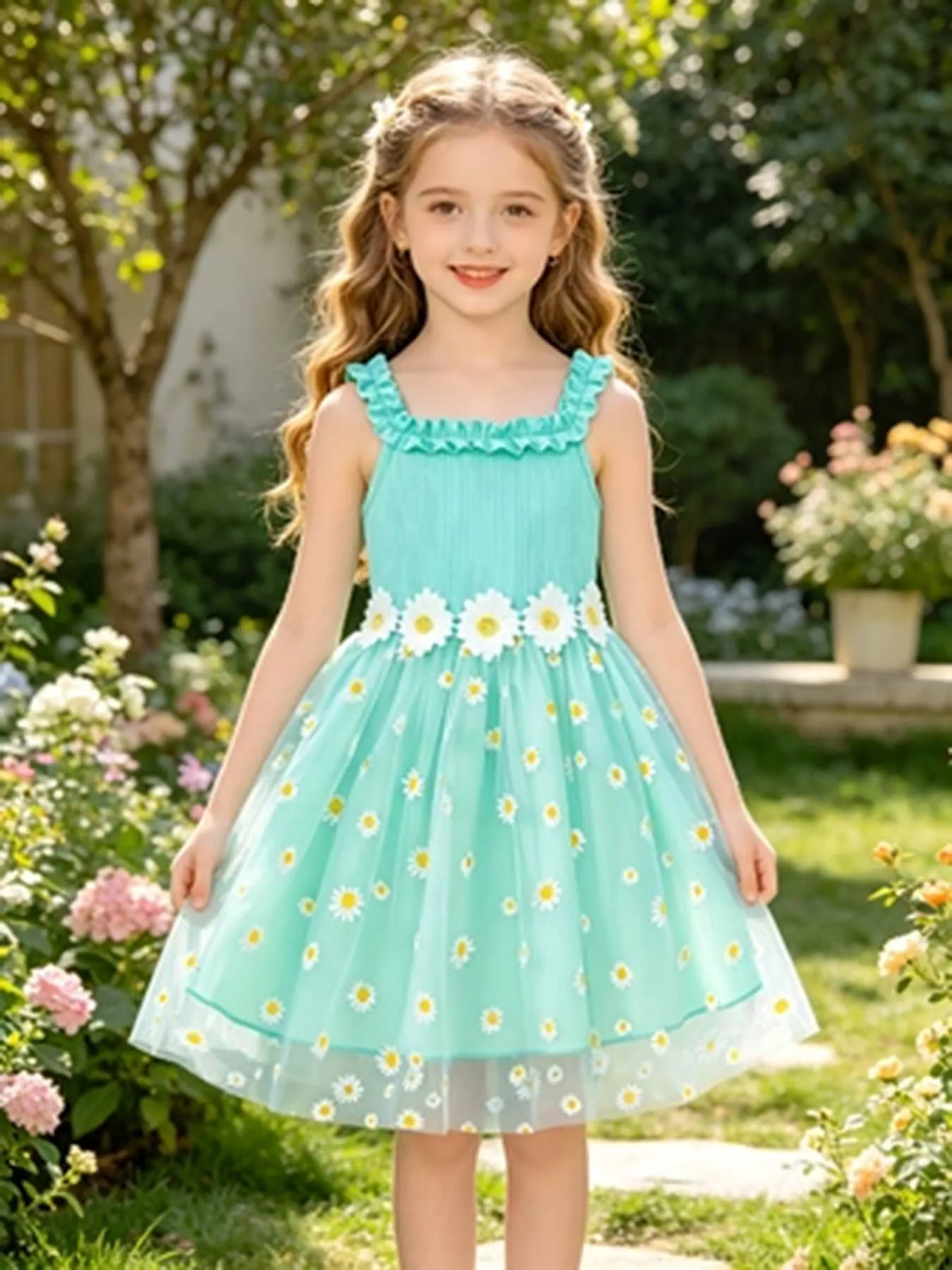 Fresh Daisy Ärmelloses Tüllkleid für Mädchen, gerüschte Schulterträger, 3D-Blumenverziertes Tüll-Tutu-Kleid, Sommerkleid für Li – Detail 1