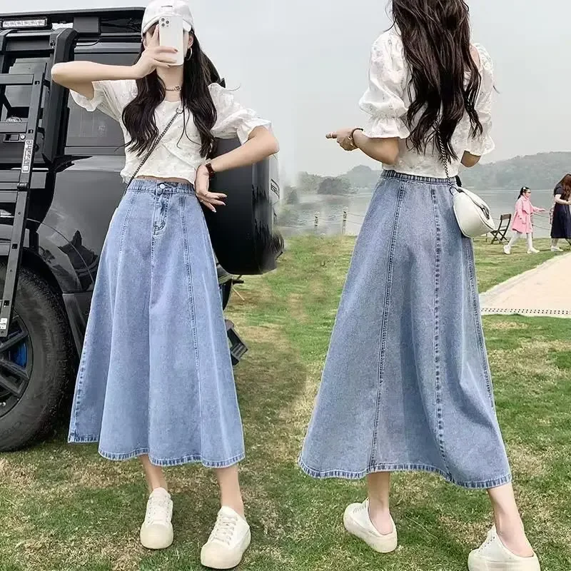 Denim Skirt Women Streetwear Long Skirts Elastic Waist Button Washed Distressed Spring Summer Mom Jeans 2025 Vintage Casual