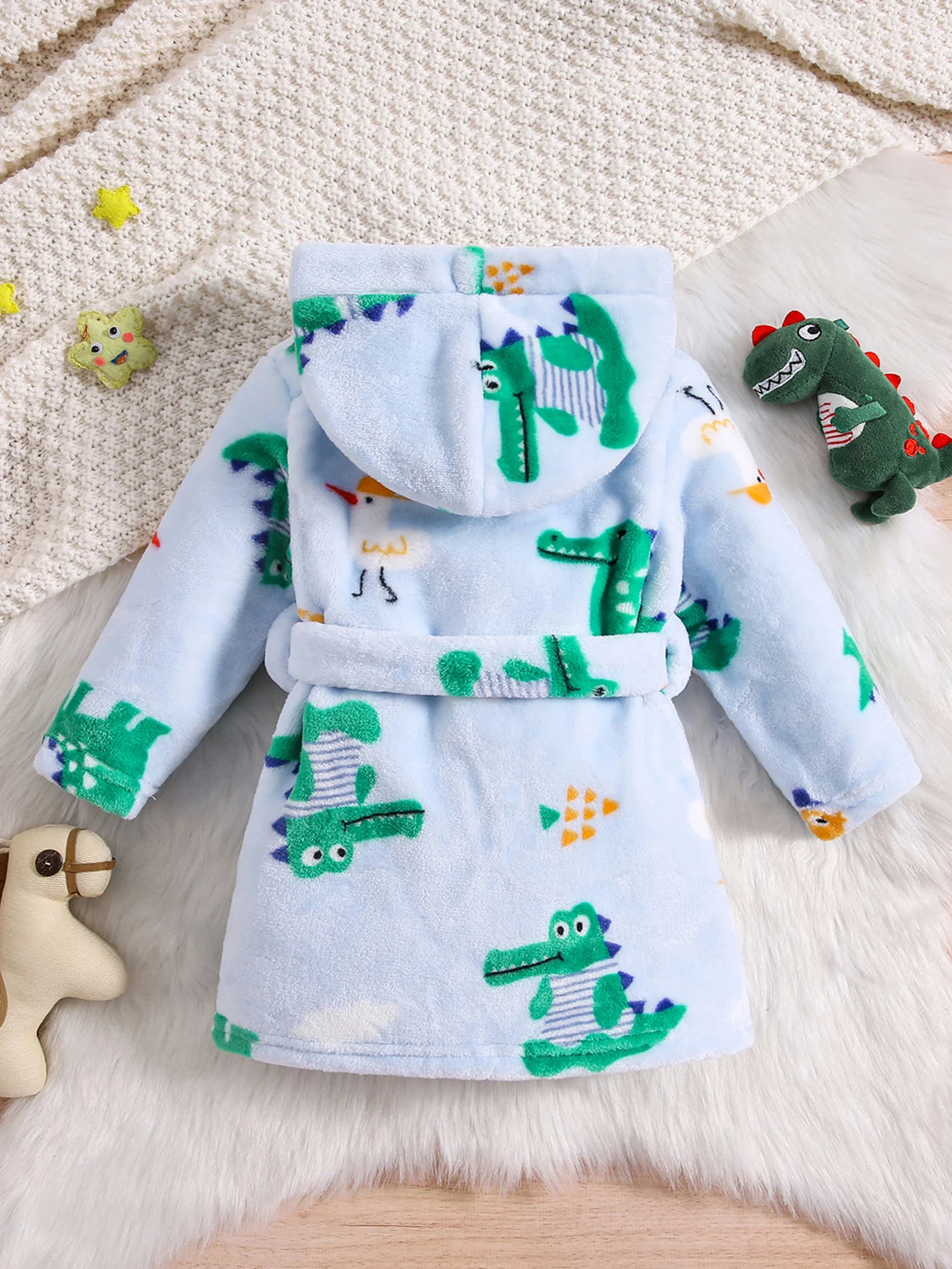 Baby Hooded Robe, Warm & Lightweight Flannel Sleepwear, Cozy Hoodie Cute Green Dinosaur Pattern Thick Warm Winter Homewear For