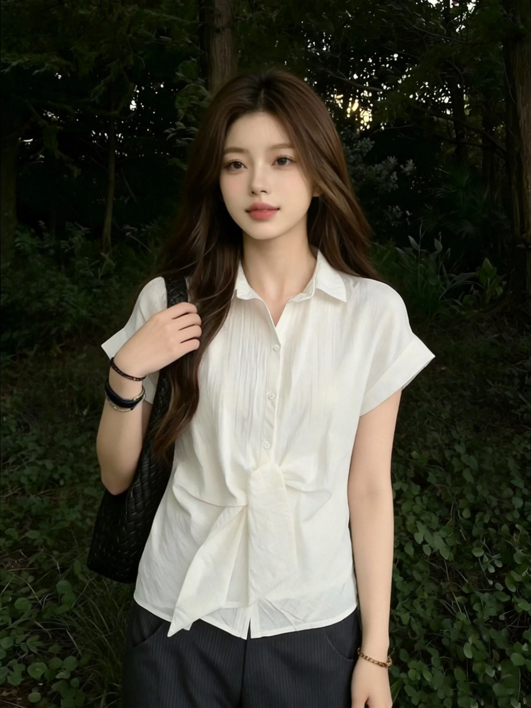 White Casual Loose Thin Short Sleeve Shirt Women Summer Breathable Transparent Polyester Blend Comfortable Fashionable Blouse