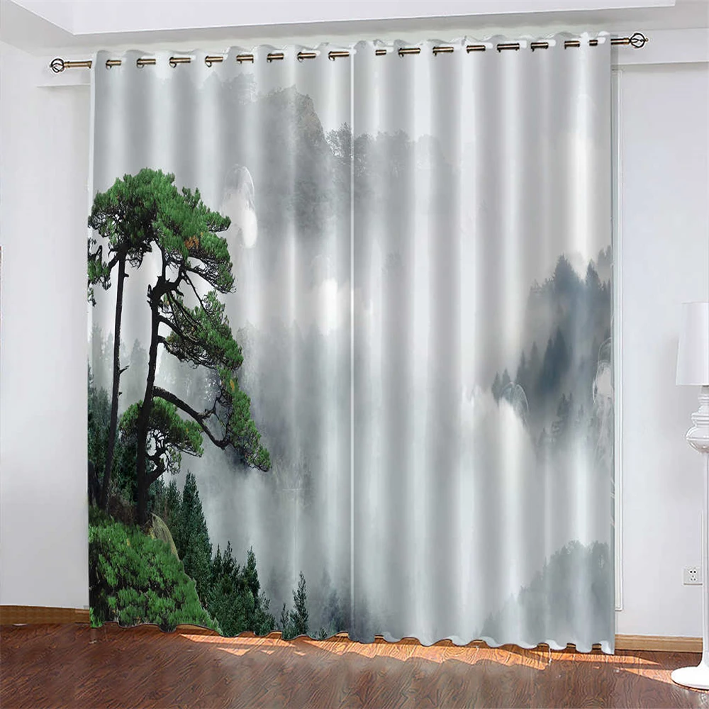 

Blue Sea Print Living Room Curtain Forest Biparting Open Blackout Curtain Cortina De Sombra Landscape Background Home Decoration