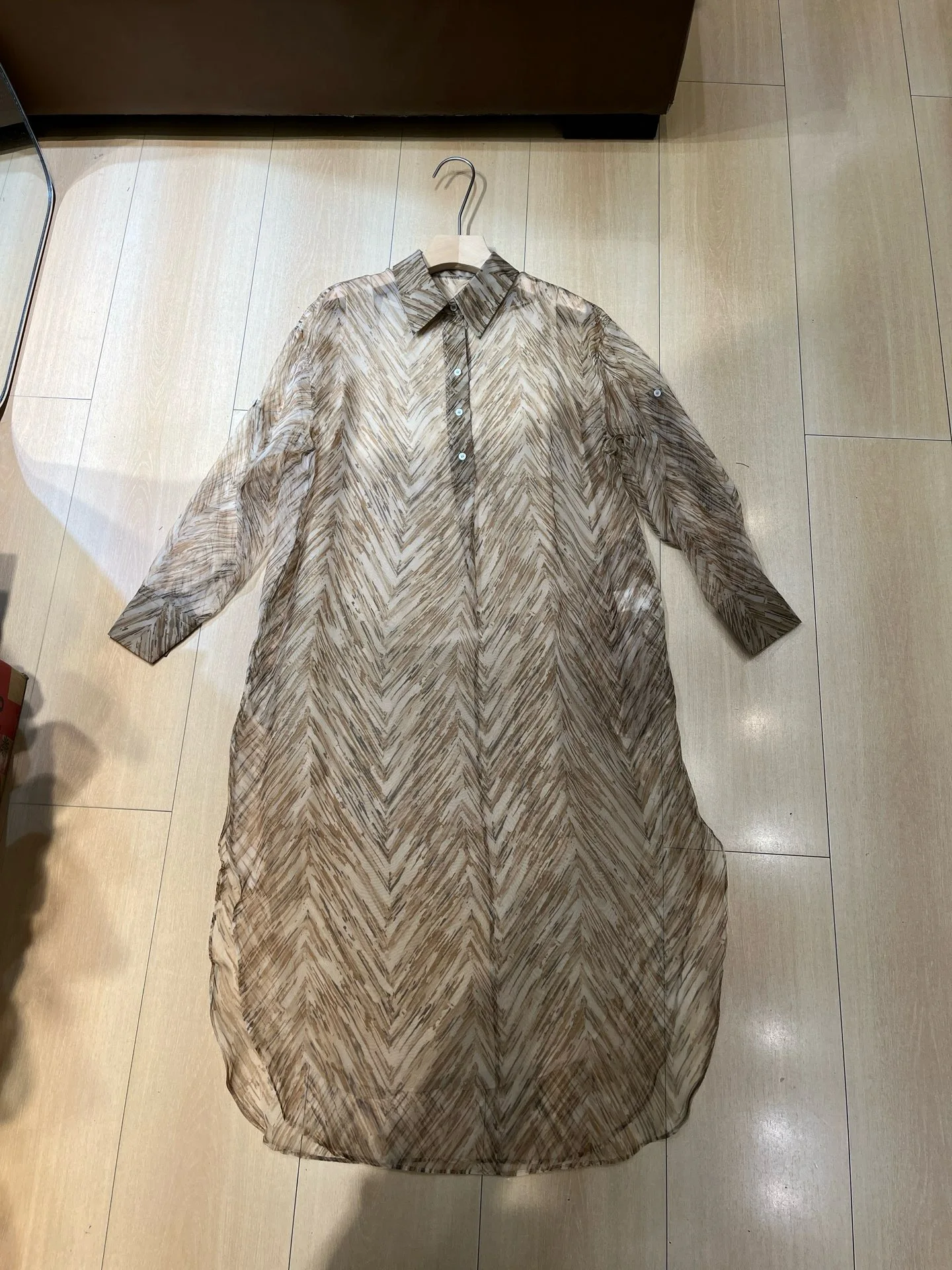 Women Long Sheer Shirt Cover Up Chevron Print Lapel Collar Loose Beach Tunic Dress