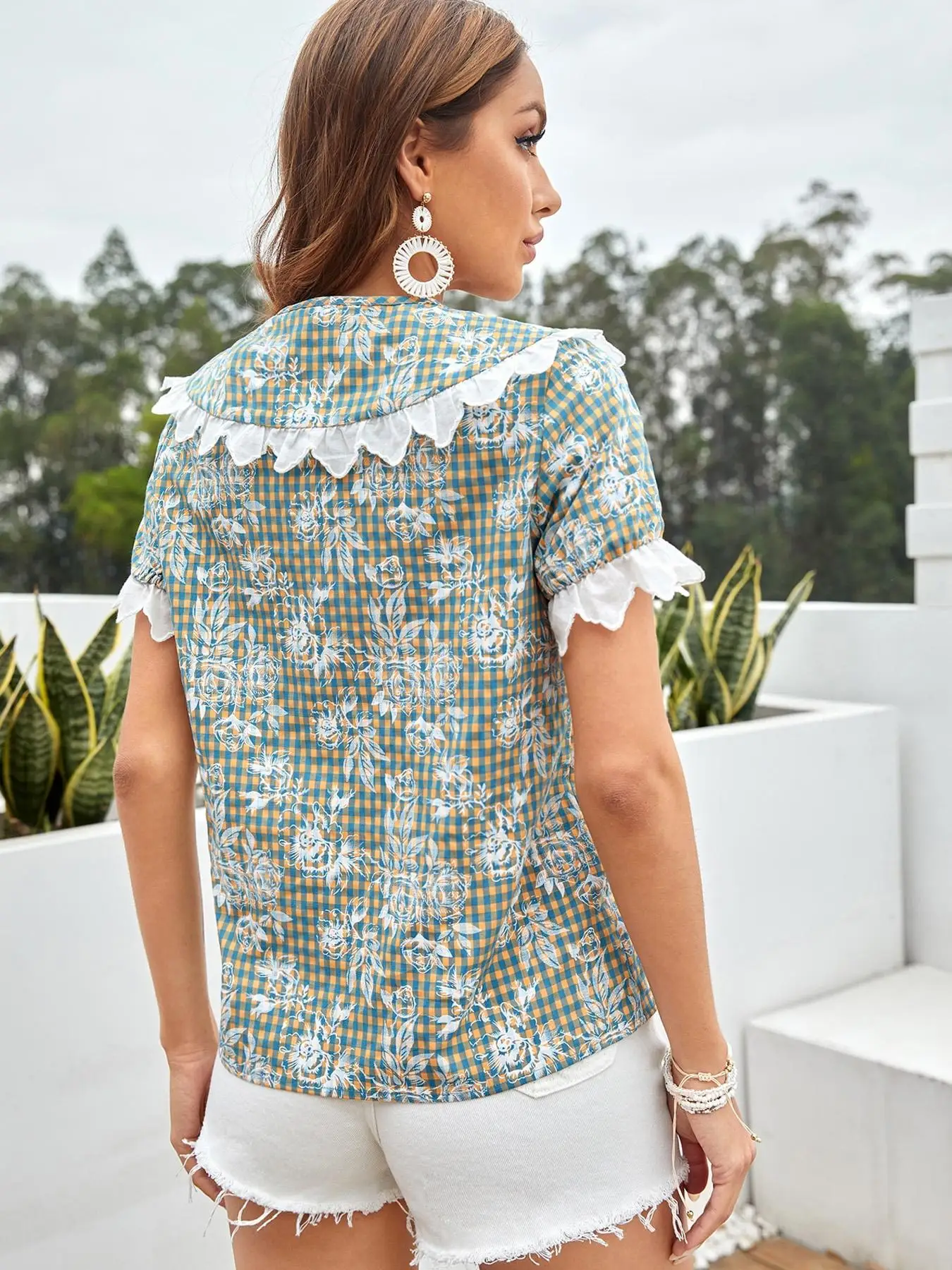 Women's Summer Blue-Yellow Plaid Floral Blouse, Ruffle Collar Puff Sleeve Sweet Casual Top