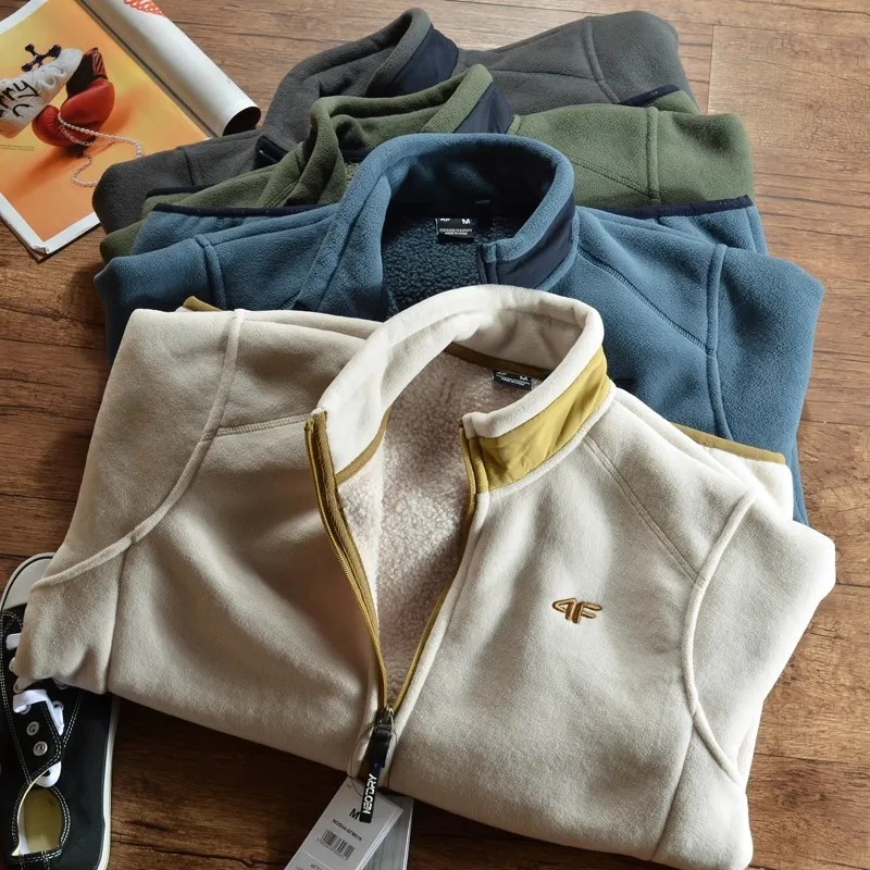 

Men's Thiened Lamb Velvet Jaet Autumn Winter Warm Stand Collar Zipper Closure Long Sve Casual Sle Polyester Fabric