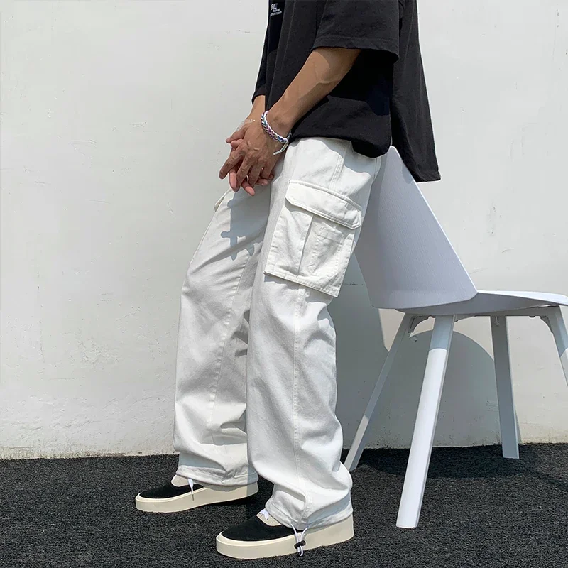 Pantalon Cargo à Jambes Larges et Droites pour Homme, Streetwear, Hip-Hop, à la Mode, Noir/Blanc