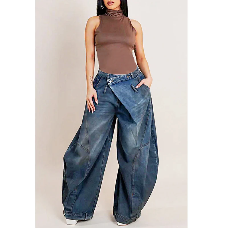 

Plus Size Daily Blue Asymmetric Button Pocket Hight Waist Washed Denim Jeans