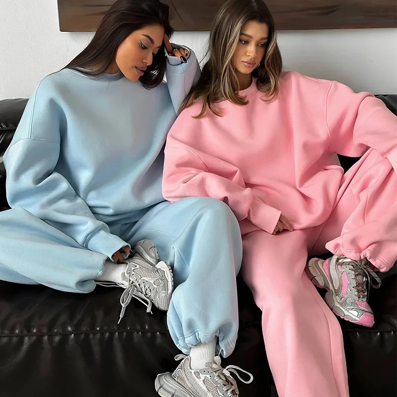 Set da donna casual Girocollo in puro colore Felpa taglie forti Pantaloni sportivi a gamba larga Set da due pezzi Street Style Comodo per il tempo libero