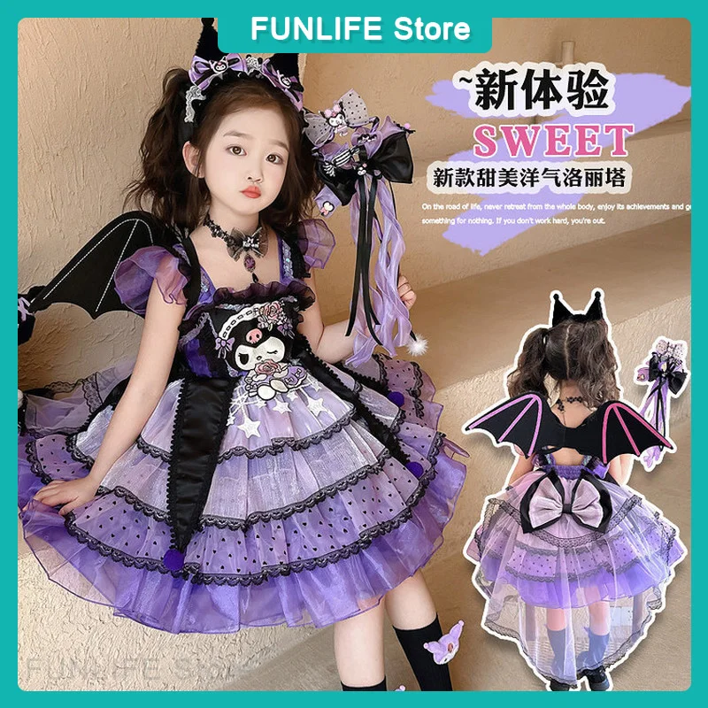 

Girls Kuromi Lolita Dress Princess Skirt Spring Summer Slip Dress Headband Wings Necklace Children Party Dress Cosplay Costume