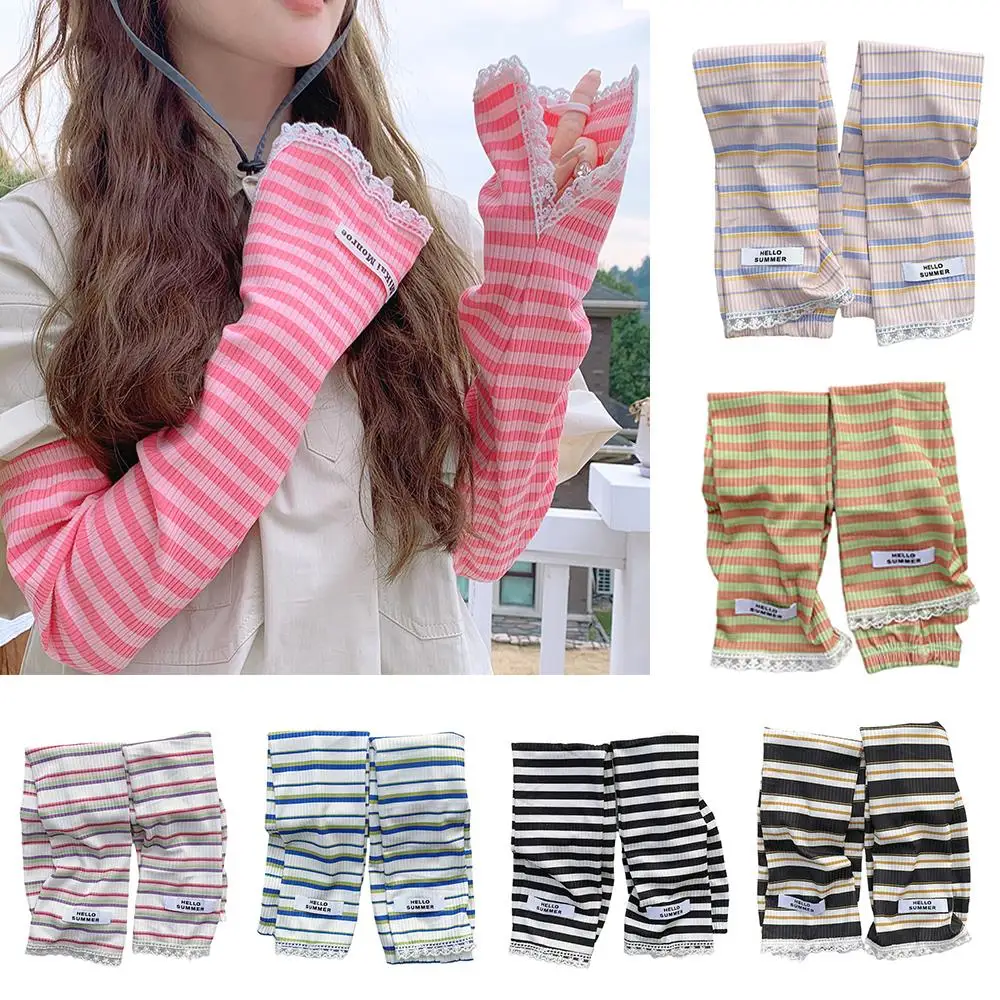 

Thin Loose Sunshade Ice Sleeves Breathable Sun Protection Mittens Striped Lace Long Sunscreen Sleeves UV Protection Arm Gloves