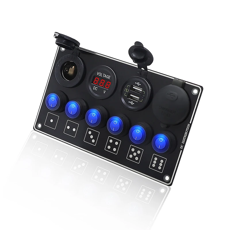 12/24V LED Voltage Display 6 Gang PD USB QC3.0 Quick Charge Car Switch Panel