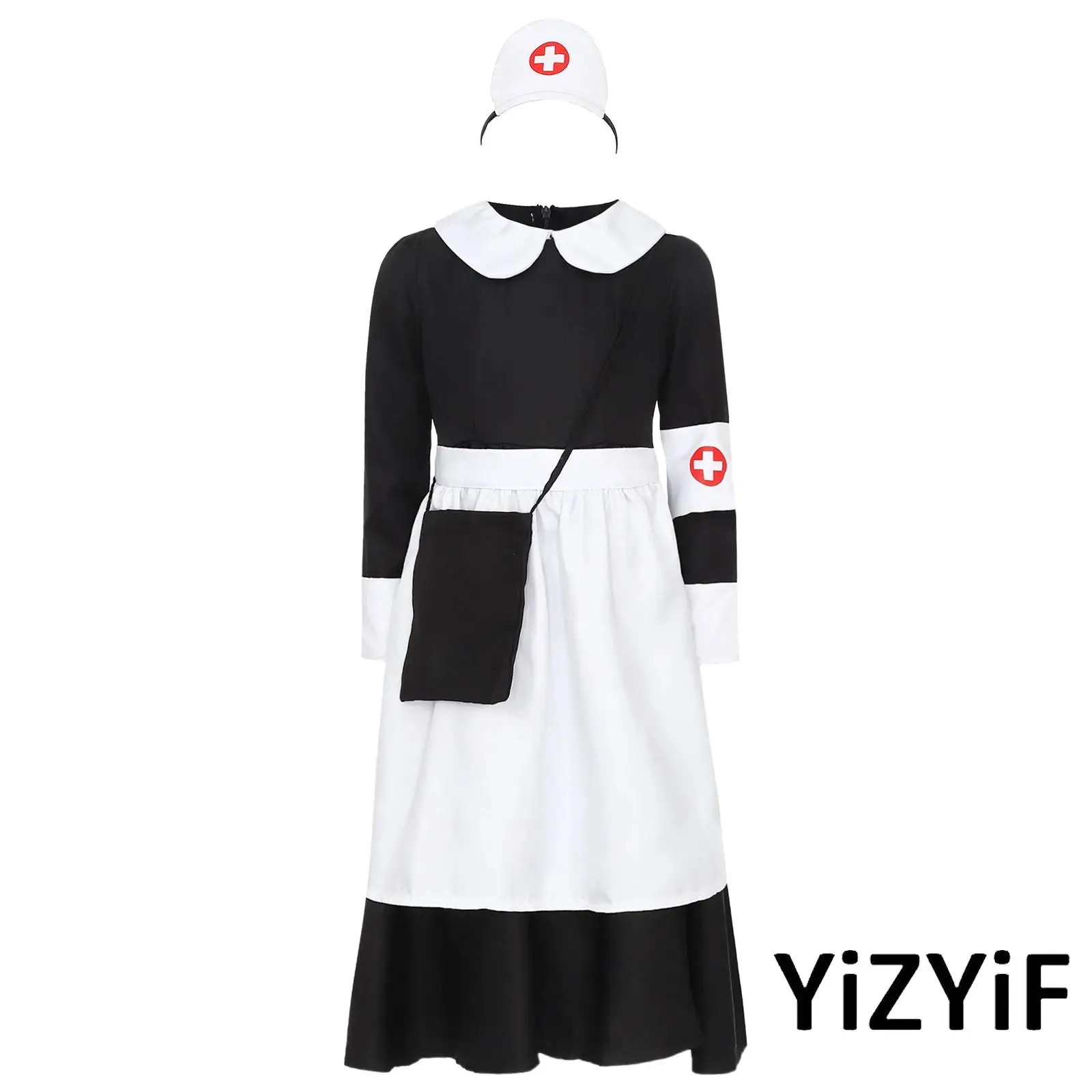 

Kids Girls 4Pcs Nurse Costume Long Sleeve Back Invisible Zipper Ruffled Dress And Matched Cross Print Headwear Armband And Apron