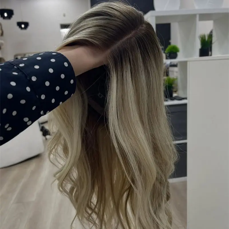 Luxury Wig Middle Part Ombre Blonde Balayage Synthetic HD Lace Front Wig with Natural Dark Roots 150% Density On Clearance Sale