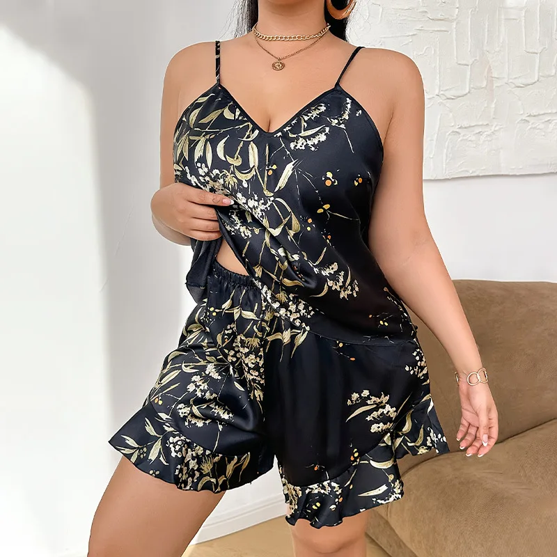 

Женский пижамный комплект больших размеров из 2 предметов, новый летний топ с вишневым ремнем и шорты, пижамный костюм, сексуальная домашняя одежда из искусственного шелка, домашняя одежда 3XL-5XL