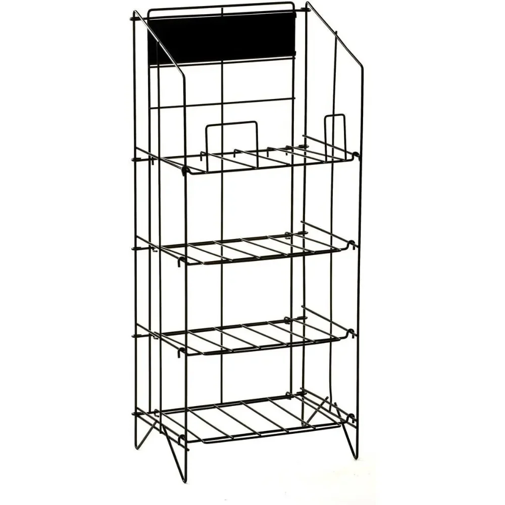 Wire Newspaper Stand with 4 Shelves, Free-Standing, Adjustable-Height Pockets, with Nameplate - Black