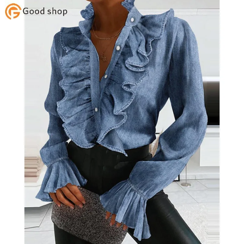 European and american women's clothing New Summer Cross-Border Independent Stand Ruffled Bell Sleeve Pleated Long Sleeve Shirt